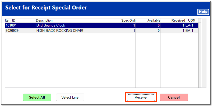 Receive Special Order