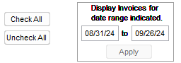 6. The displayed invoice control allows for the entry of a 
date range and then Apply updates the listing of invoices