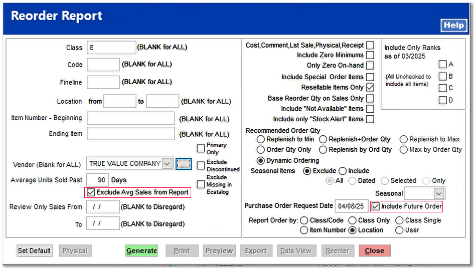 Class Indicated, Avg Sales Excluded and Include Future Order selected