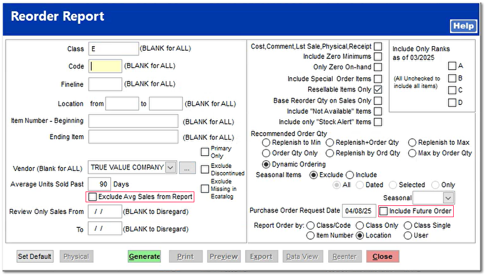 Class Indicated and Vendor indicated