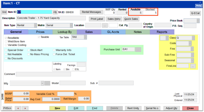 Creating a Rental > Serialized Item