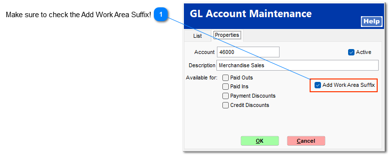 GL Account Maintenance > Add Work Area Suffix