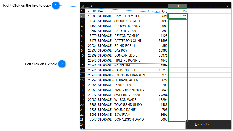 Import the above CSV file to create the storage fee