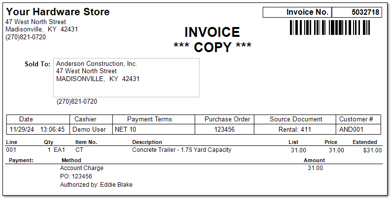 Sample Transaction of a 3-hour Rental