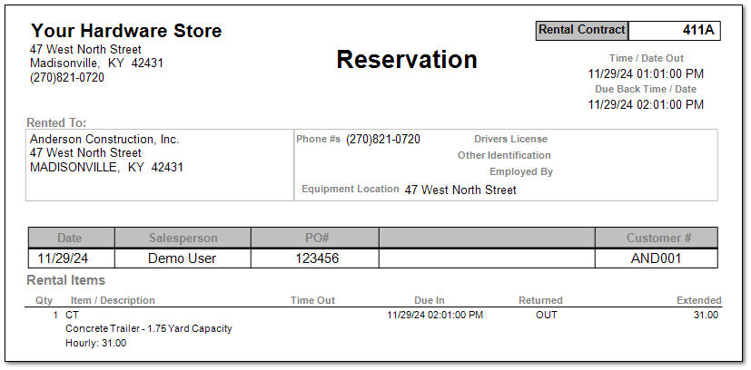 Sample Transaction of a 3-hour Rental