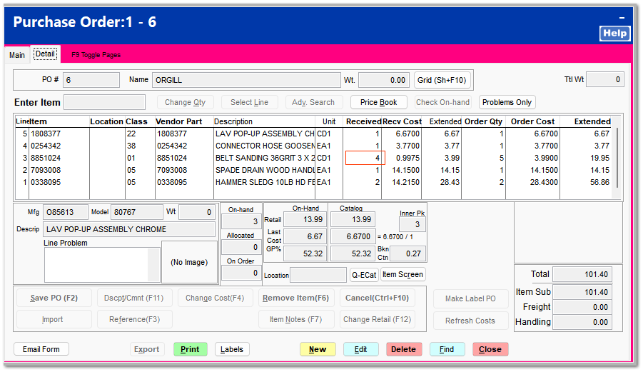 Sample Wireless PO Receipt