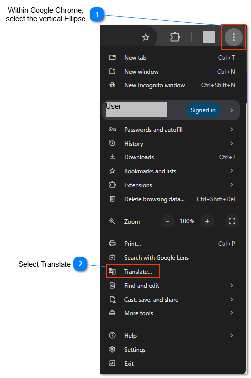 Translate pages in Chrome (English to ...)